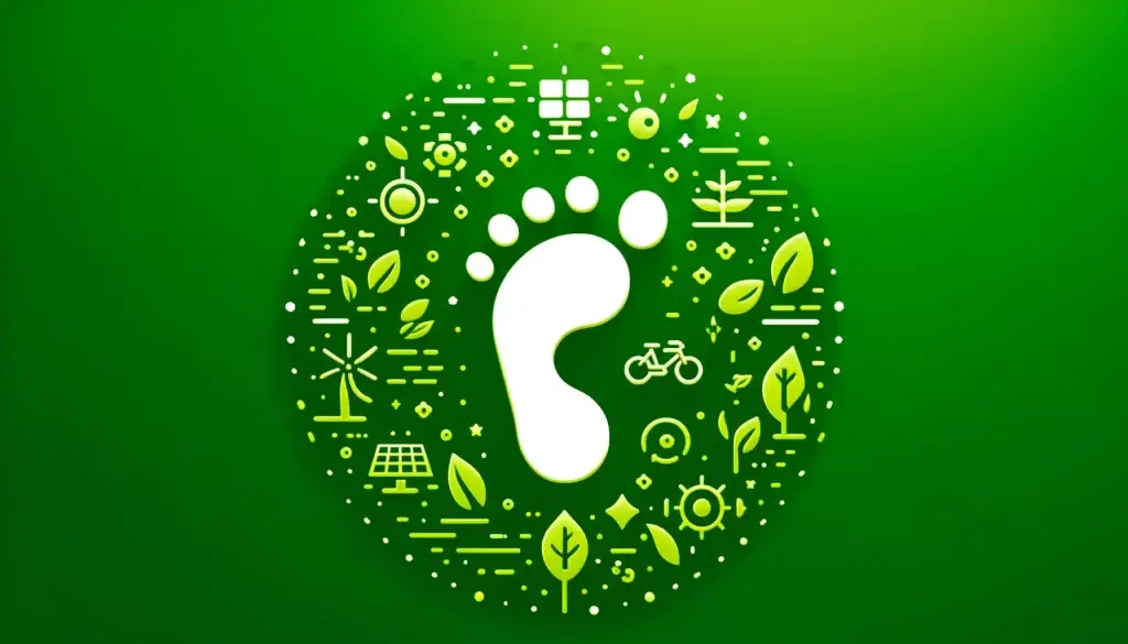 Illustrated footprint surrounded by eco-friendly icons like leaves, solar panels, bicycles, and trees on a green background.