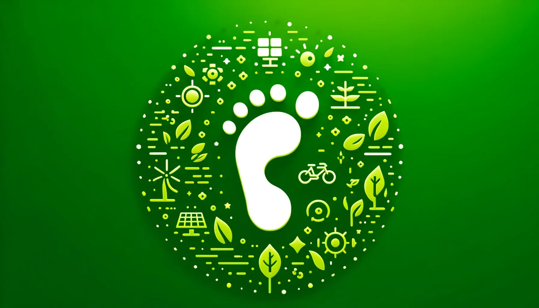 Illustrated footprint surrounded by eco-friendly icons like leaves, solar panels, bicycles, and trees on a green background.