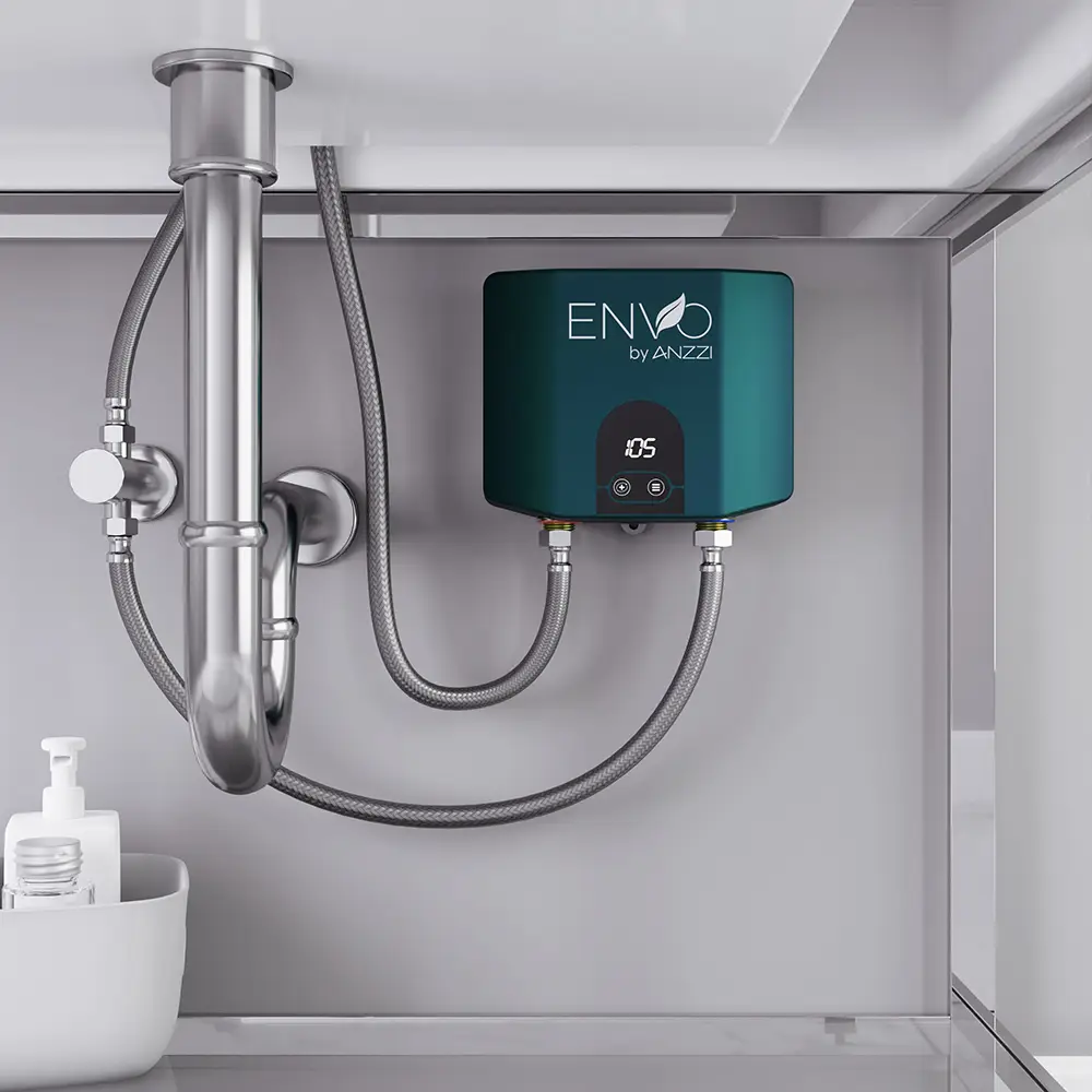 A tankless water heater installed under a sink with stainless steel pipes and flexible hose connections.