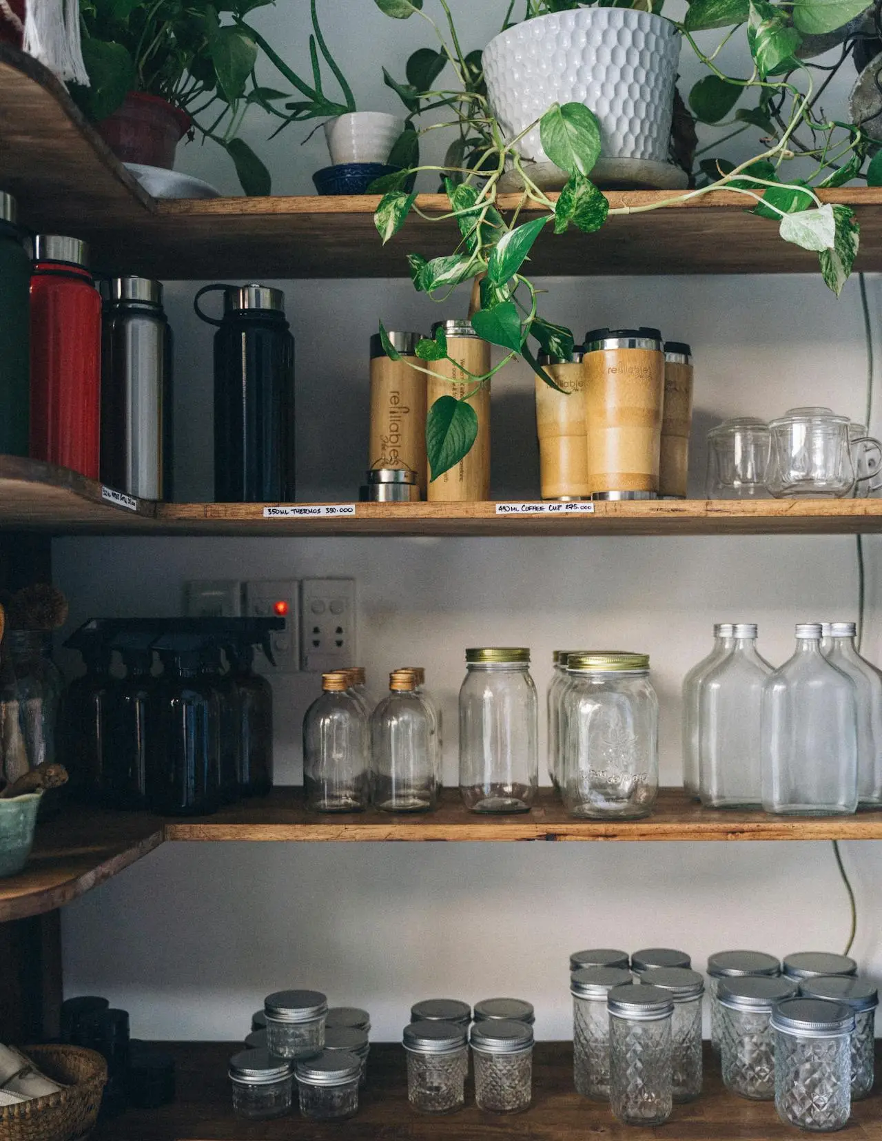 Wooden shelves stocked with glass jars, stainless steel and bamboo reusable bottles, and potted plants in a sustainable home pantry.