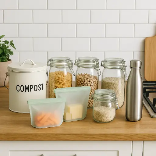 Reusable glass jars filled with dry food items and silicone storage bags on a wooden countertop beside a white compost bin in a modern kitchen.